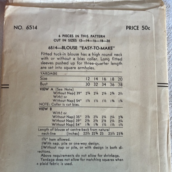 Vogue Pattern 6514, fitted tuck-in blouse w high neck pattern ca 1940s, bust 34 - Picture 5 of 10